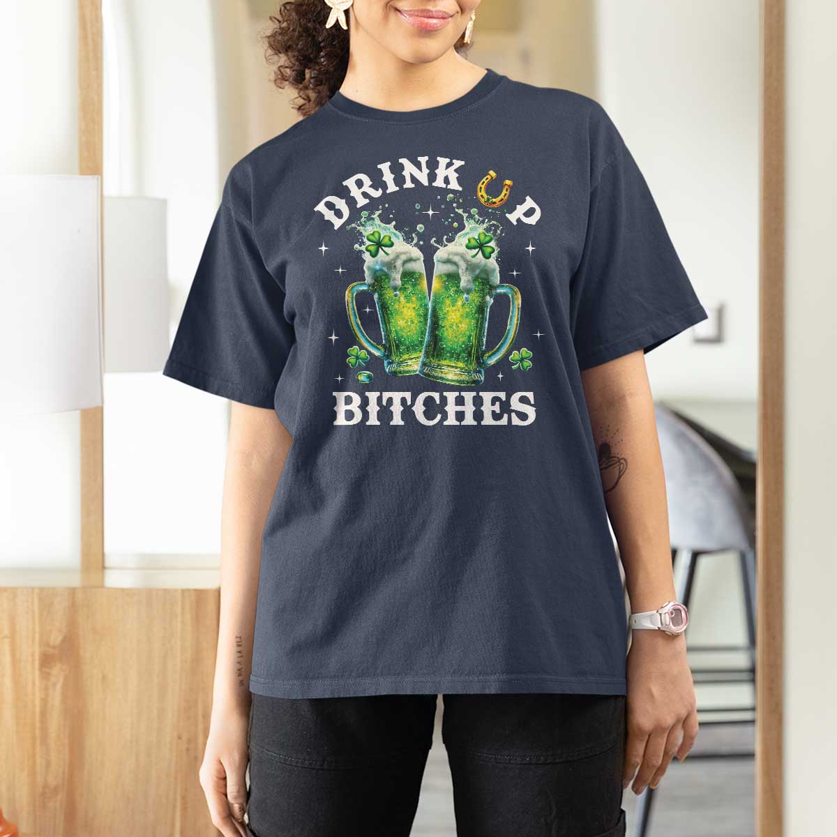 Drink Up Bitches Funny St Patricks Day T Shirt For Women Irish Beer Lovers