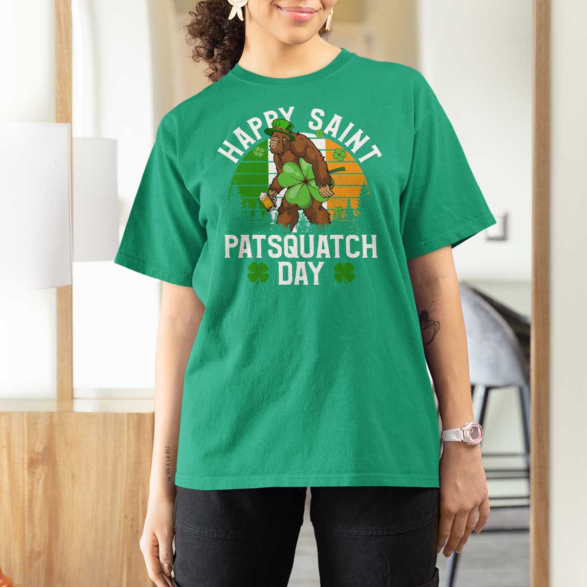 St Patricks Day Bigfoot T Shirt For Women Irish Shamrock Sasquatch Beer Lovers
