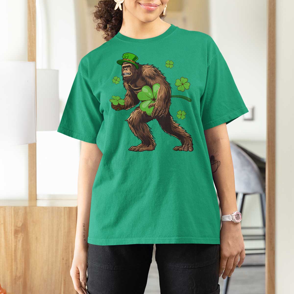 St Patricks Day Bigfoot T Shirt For Women Funny Sasquatch Shamrock