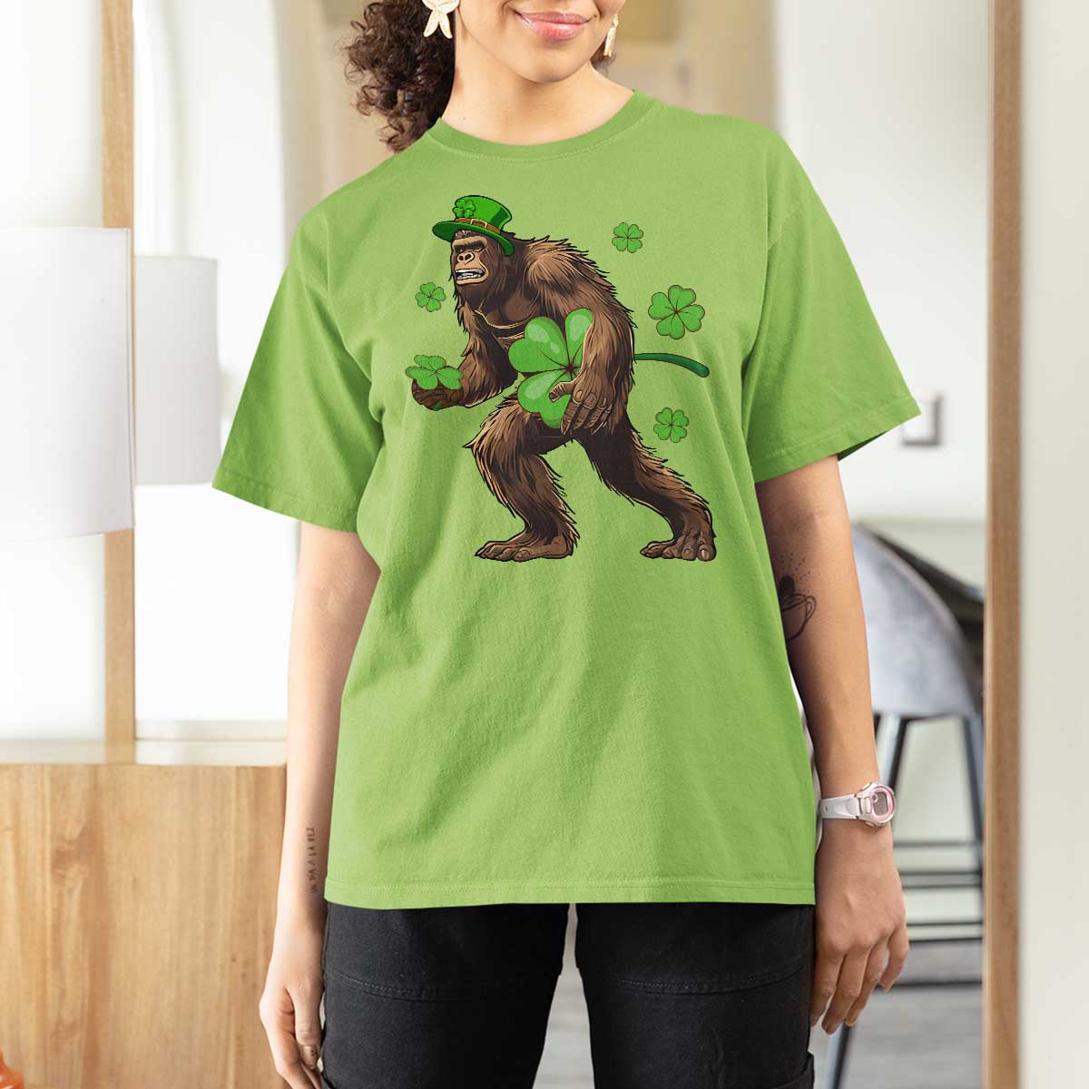 St Patricks Day Bigfoot T Shirt For Women Funny Sasquatch Shamrock