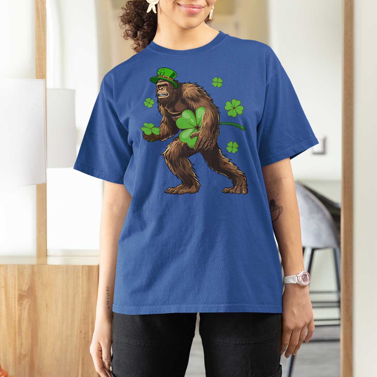 St Patricks Day Bigfoot T Shirt For Women Funny Sasquatch Shamrock