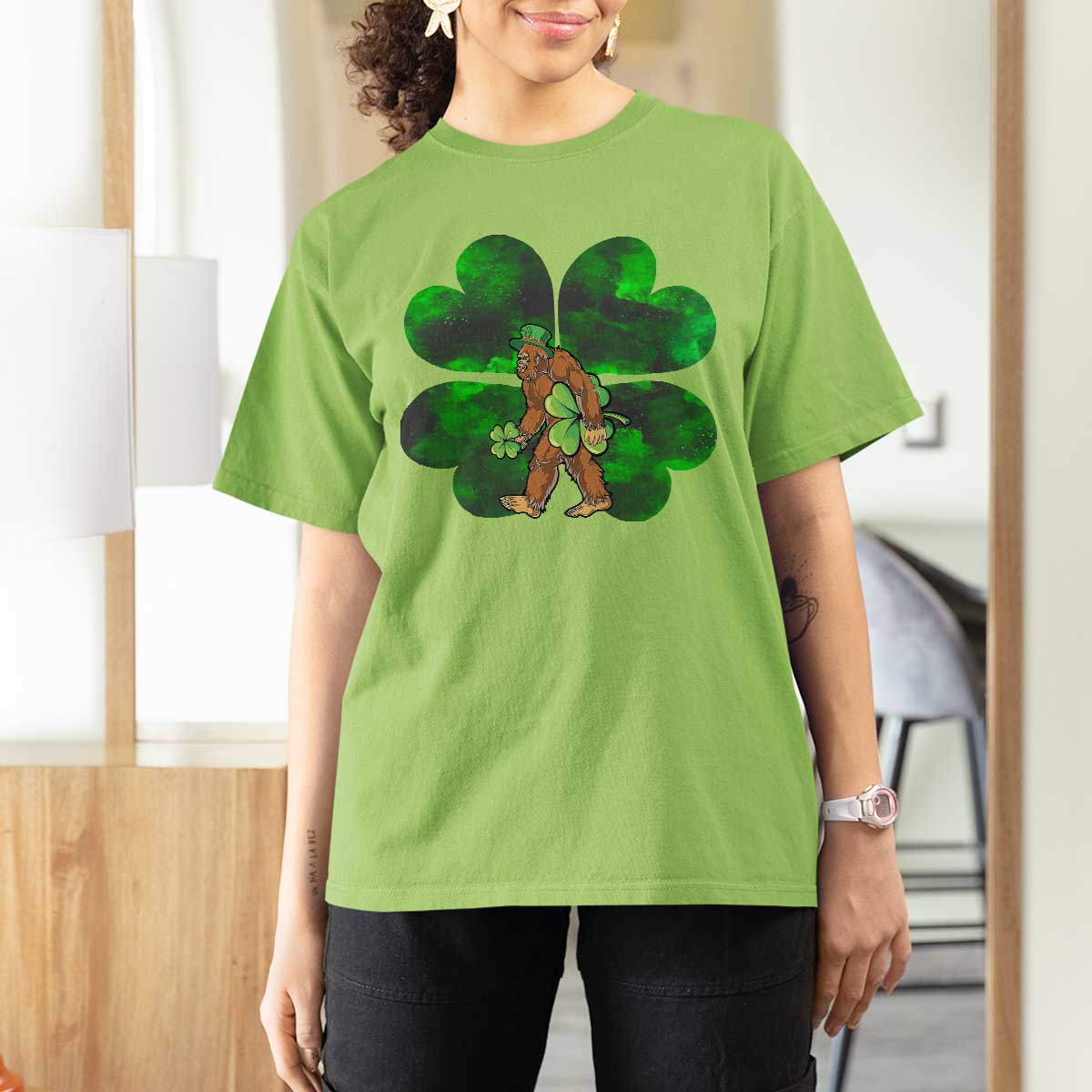 St Patricks Day Lucky Shamrock Bigfoot T Shirt For Women Funny Sasquatch Irish