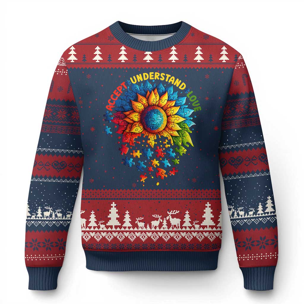 Autism Acceptance Sunflower Puzzle Ugly Christmas Sweater Accept Understand Love ASD