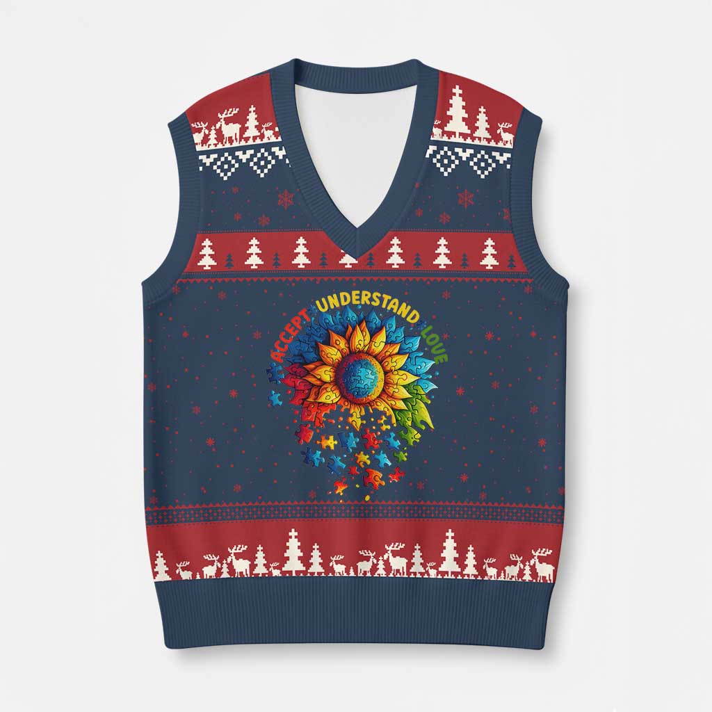 Autism Acceptance Sunflower Puzzle V-Neck Knit Sweater Vest Accept Understand Love ASD