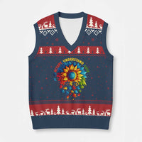 Autism Acceptance Sunflower Puzzle V-Neck Knit Sweater Vest Accept Understand Love ASD