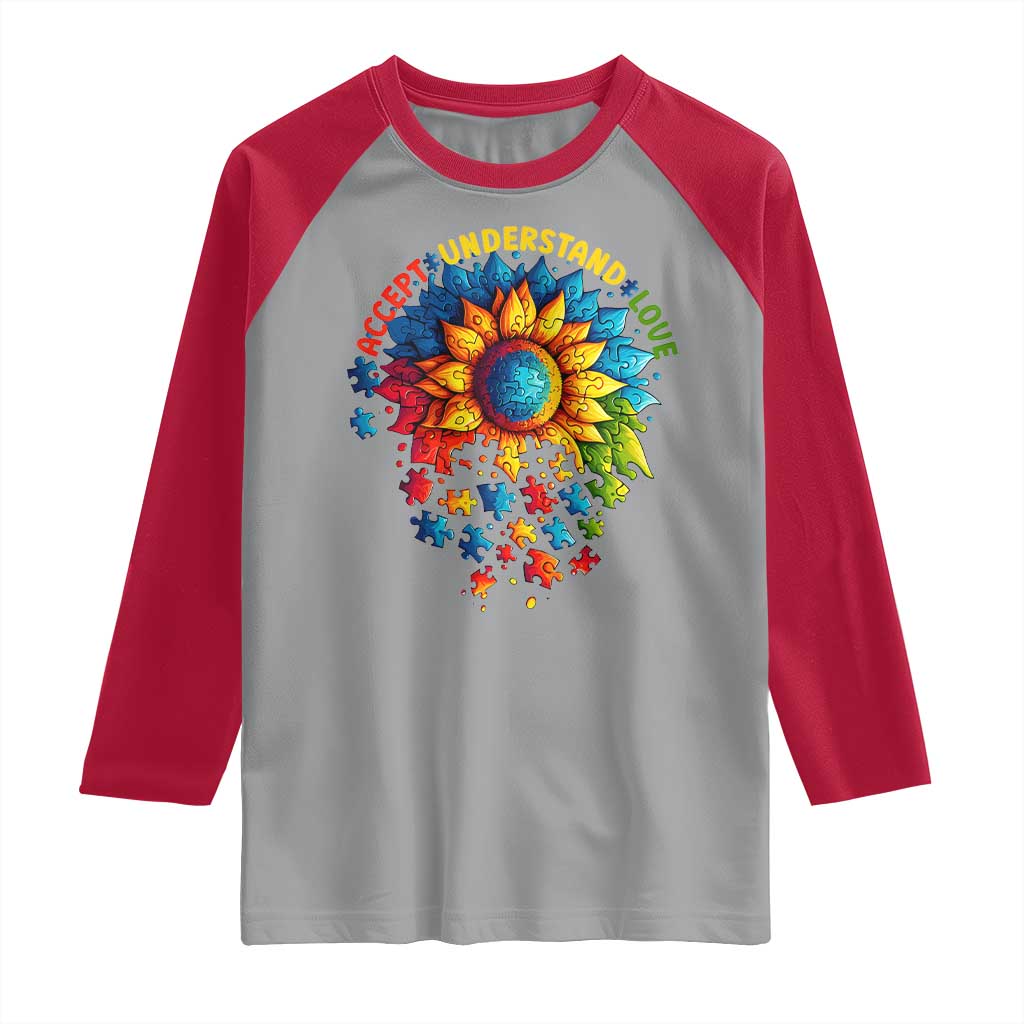 Autism Acceptance Sunflower Puzzle Raglan Shirt Accept Understand Love ASD