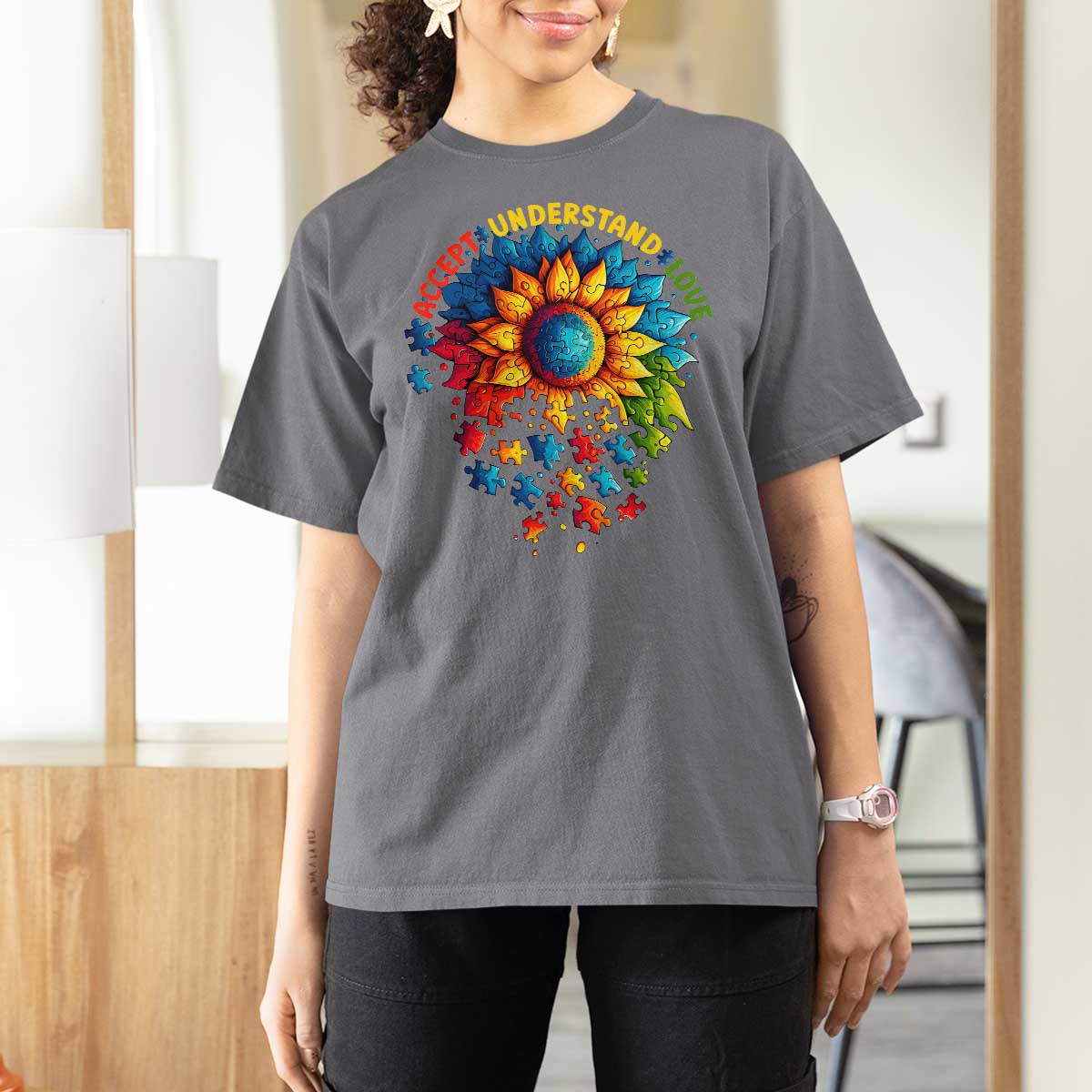 Autism Acceptance Sunflower Puzzle T Shirt For Women Accept Understand Love ASD