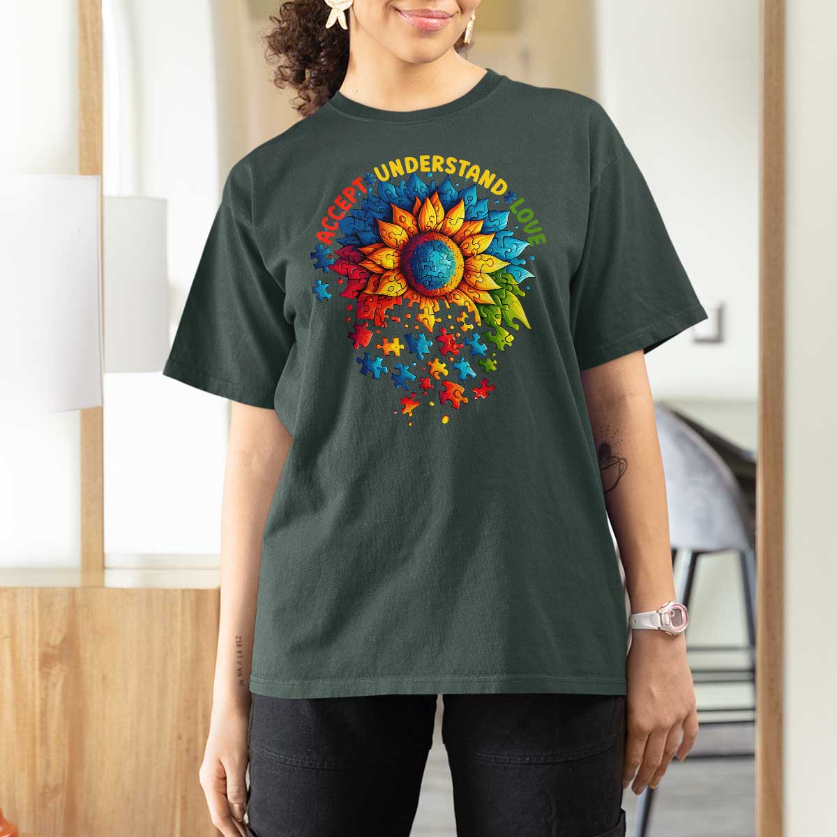 Autism Acceptance Sunflower Puzzle T Shirt For Women Accept Understand Love ASD