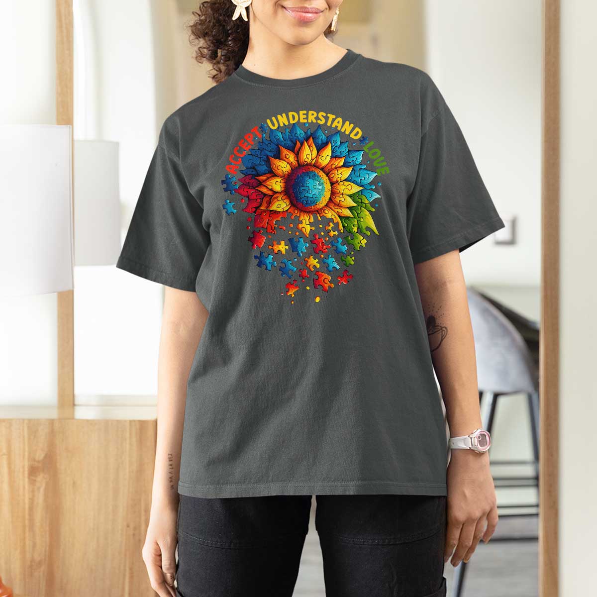 Autism Acceptance Sunflower Puzzle T Shirt For Women Accept Understand Love ASD