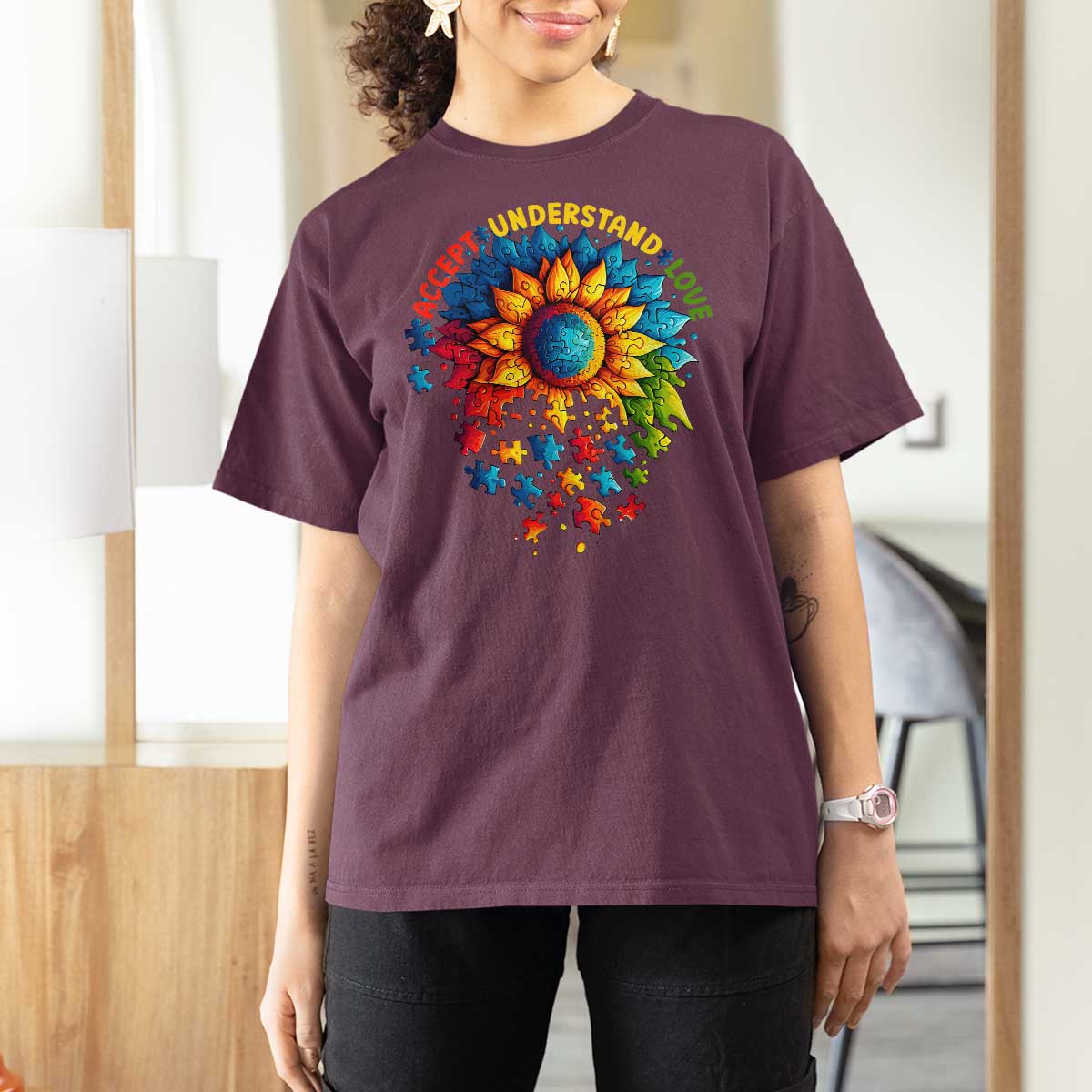Autism Acceptance Sunflower Puzzle T Shirt For Women Accept Understand Love ASD