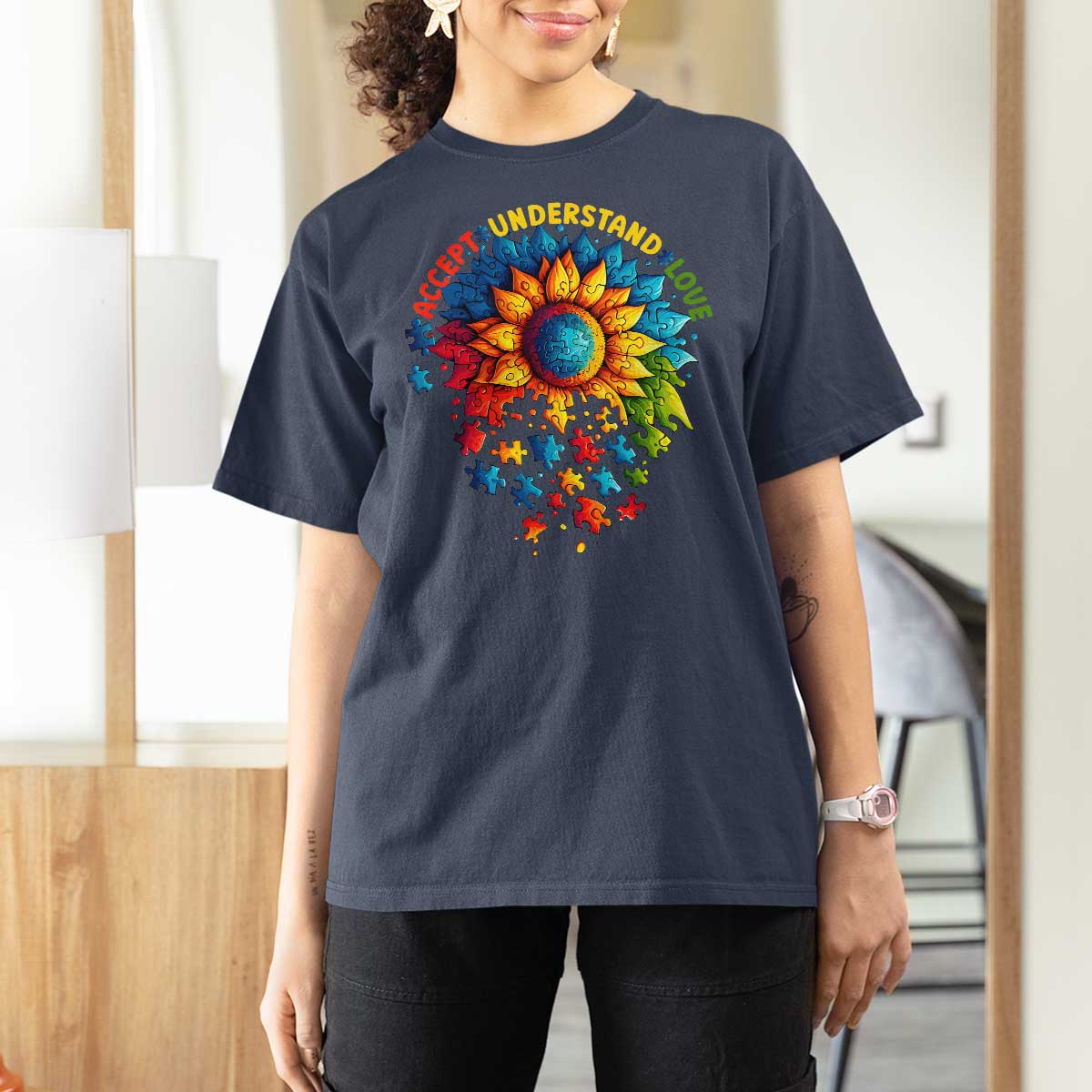 Autism Acceptance Sunflower Puzzle T Shirt For Women Accept Understand Love ASD