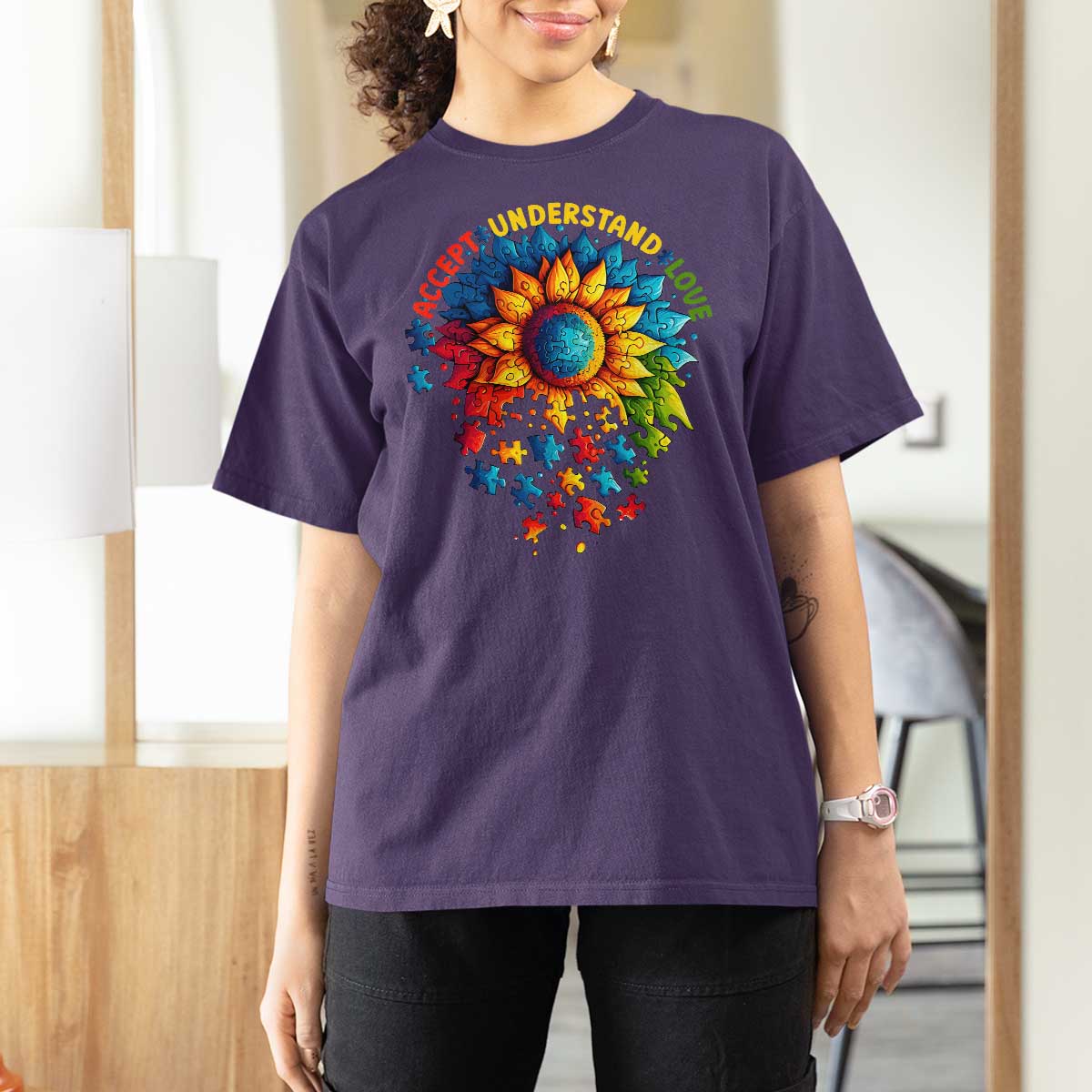 Autism Acceptance Sunflower Puzzle T Shirt For Women Accept Understand Love ASD