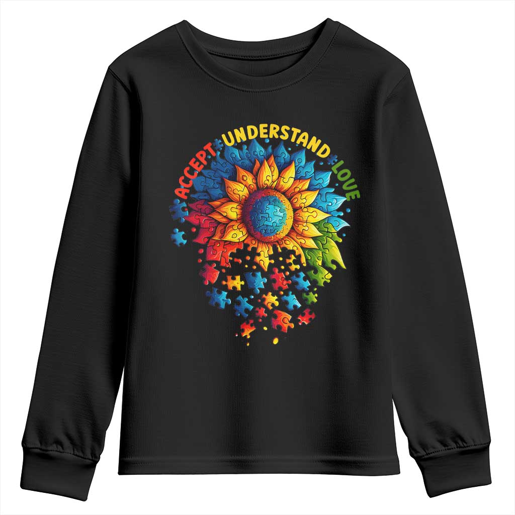 Autism Acceptance Sunflower Puzzle Youth Sweatshirt Accept Understand Love ASD