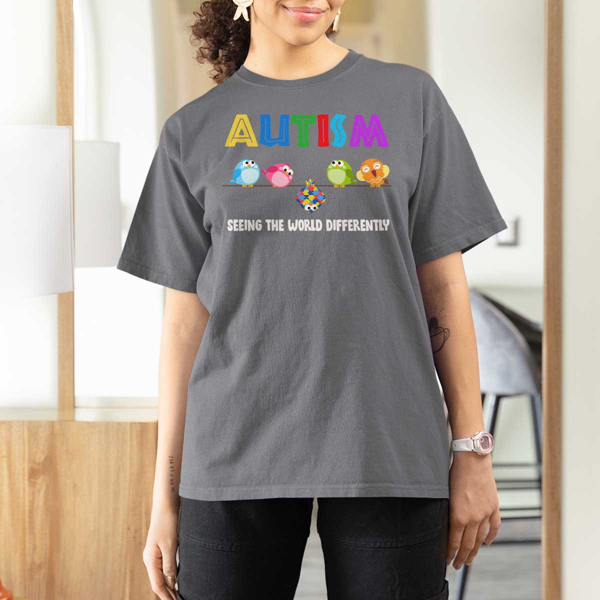 Autism Awareness T Shirt For Women Seeing the World Differently ASD Cute Puzzle Pieces Owl