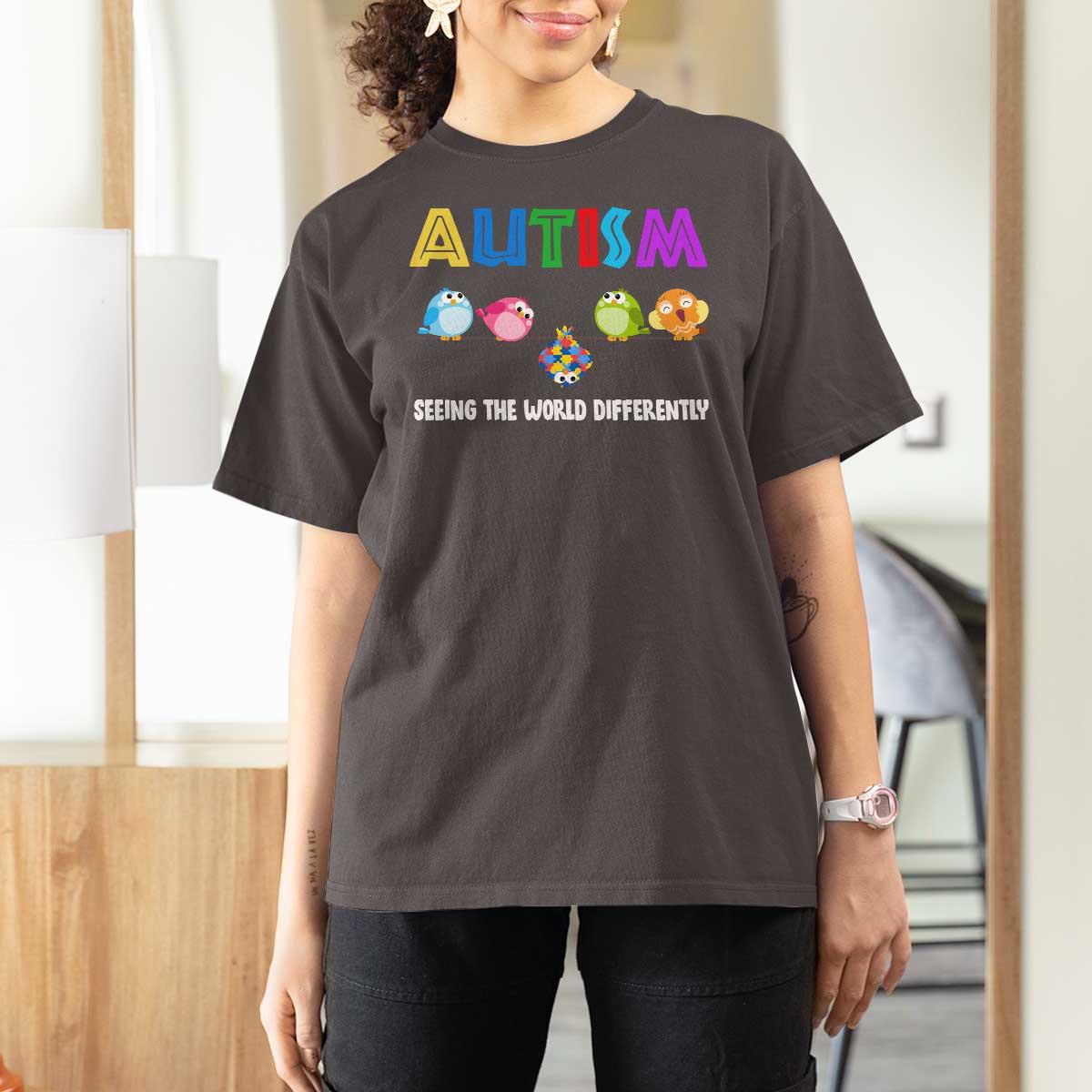 Autism Awareness T Shirt For Women Seeing the World Differently ASD Cute Puzzle Pieces Owl