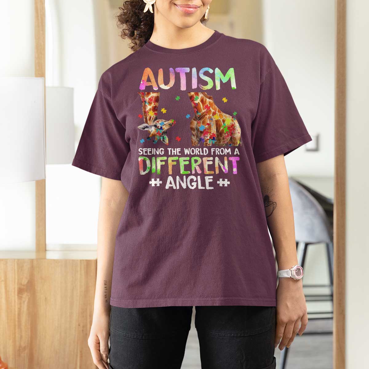 Autism Awareness Giraffe T Shirt For Women Seeing The World Differently ASD