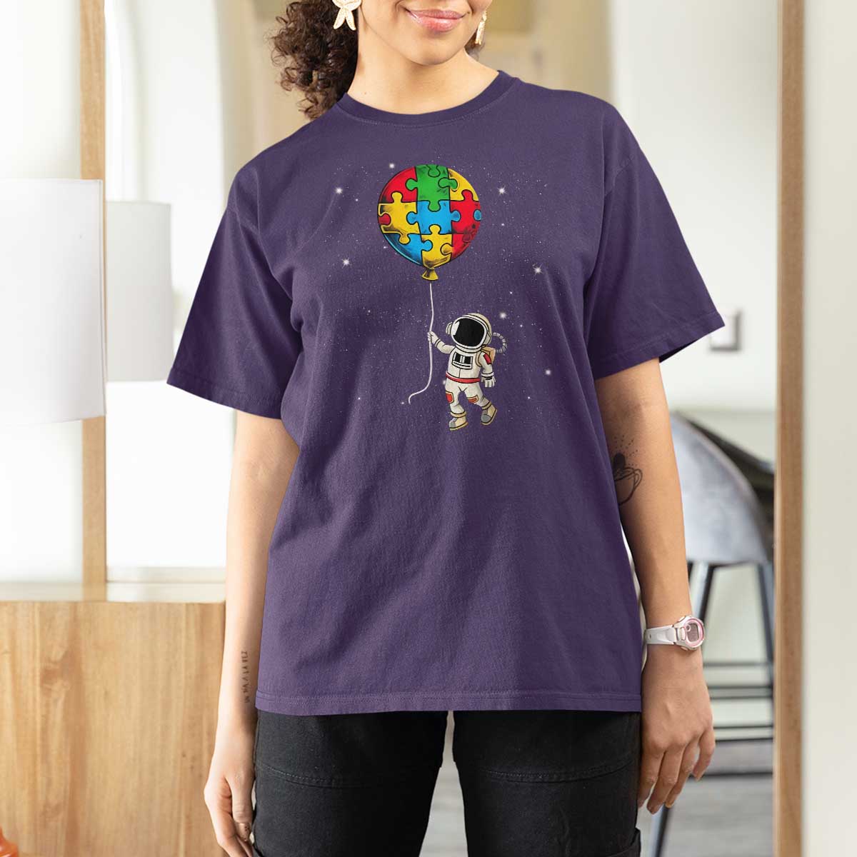 Autism Awareness Astronaut T Shirt For Women Puzzle Pieces Balloon Space Autistic