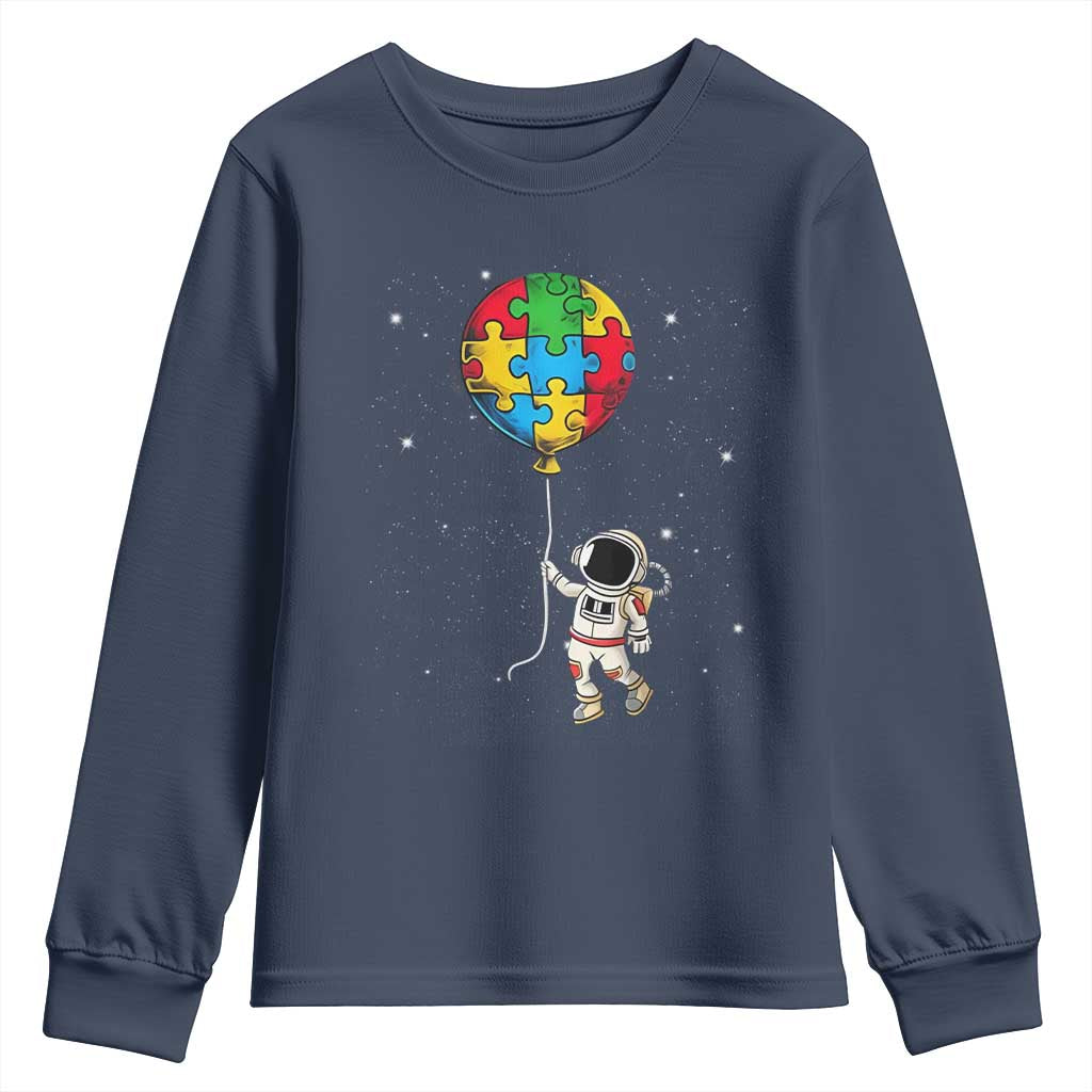 Autism Awareness Astronaut Youth Sweatshirt Puzzle Pieces Balloon Space Autistic