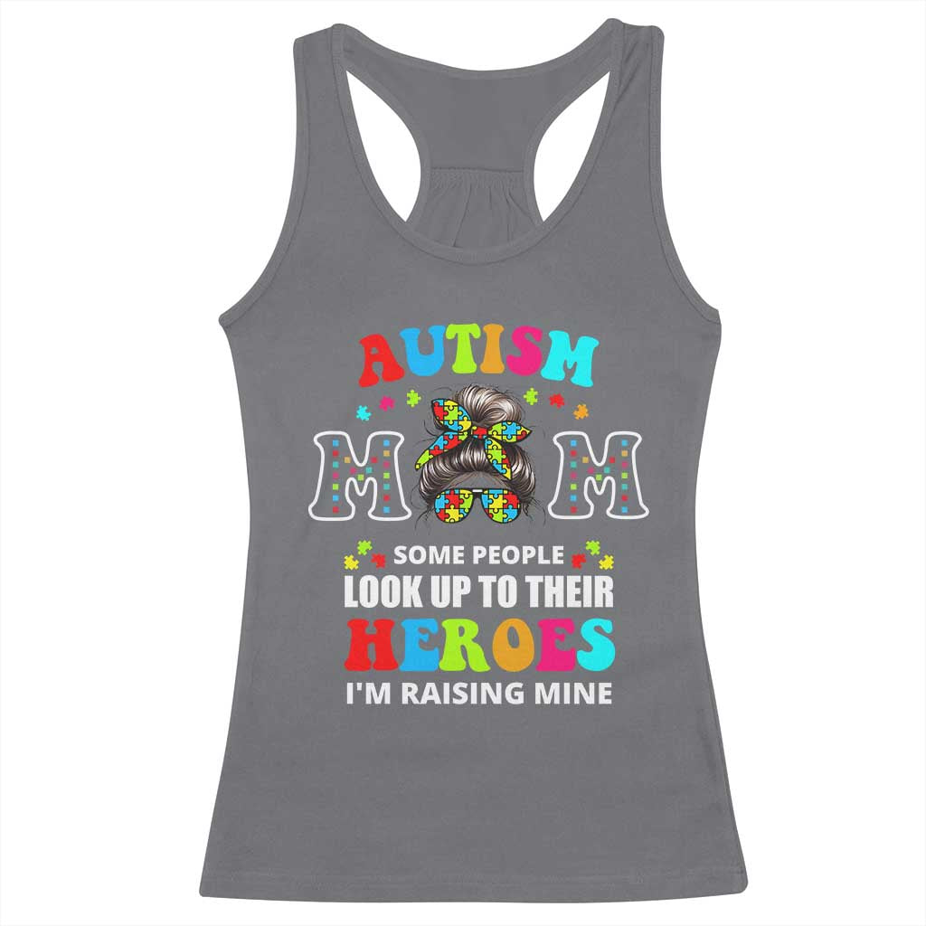 Autism Mom Racerback Tank Top Raising Hero Messy Bun Autism Awareness