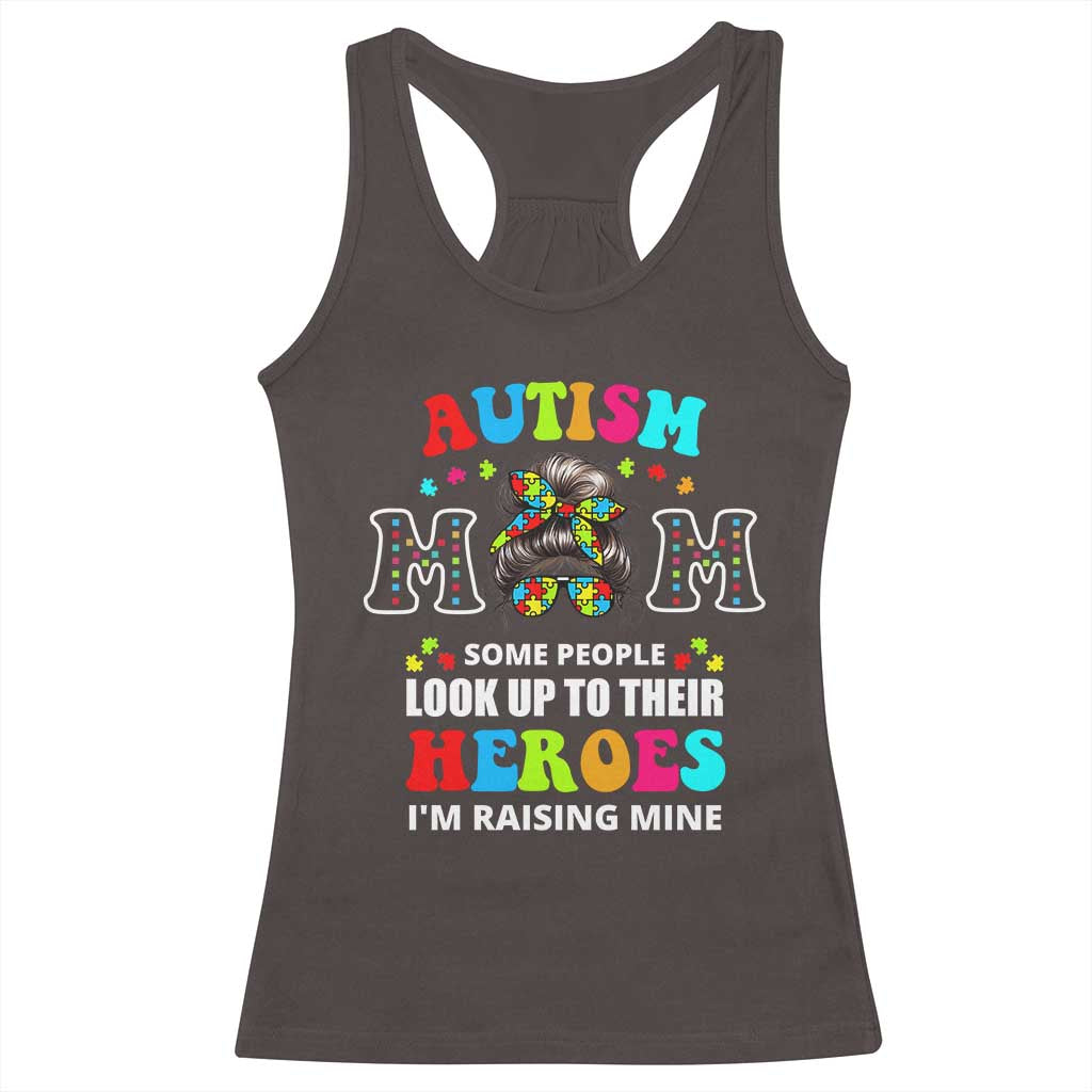 Autism Mom Racerback Tank Top Raising Hero Messy Bun Autism Awareness