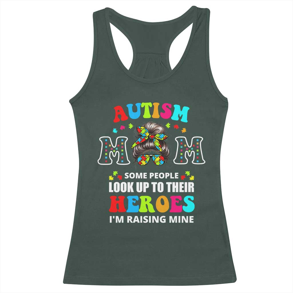 Autism Mom Racerback Tank Top Raising Hero Messy Bun Autism Awareness