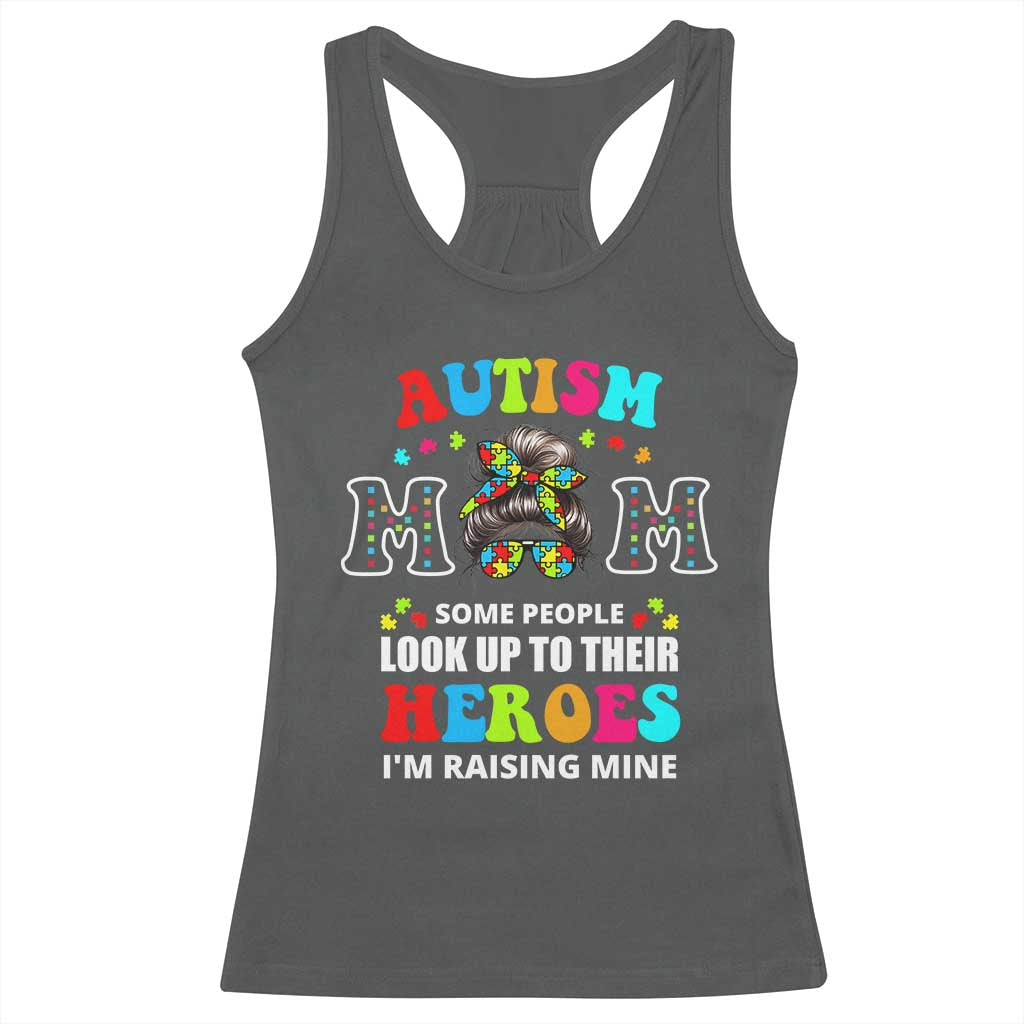 Autism Mom Racerback Tank Top Raising Hero Messy Bun Autism Awareness