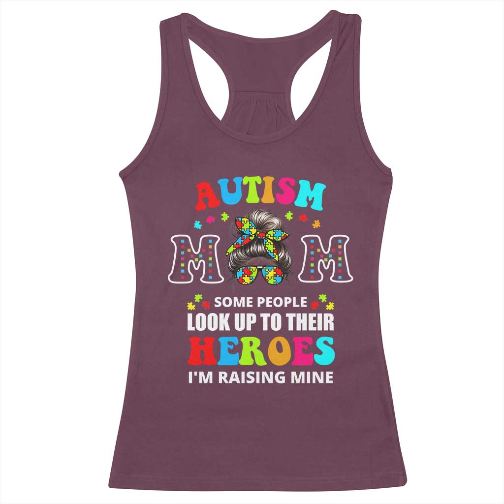 Autism Mom Racerback Tank Top Raising Hero Messy Bun Autism Awareness