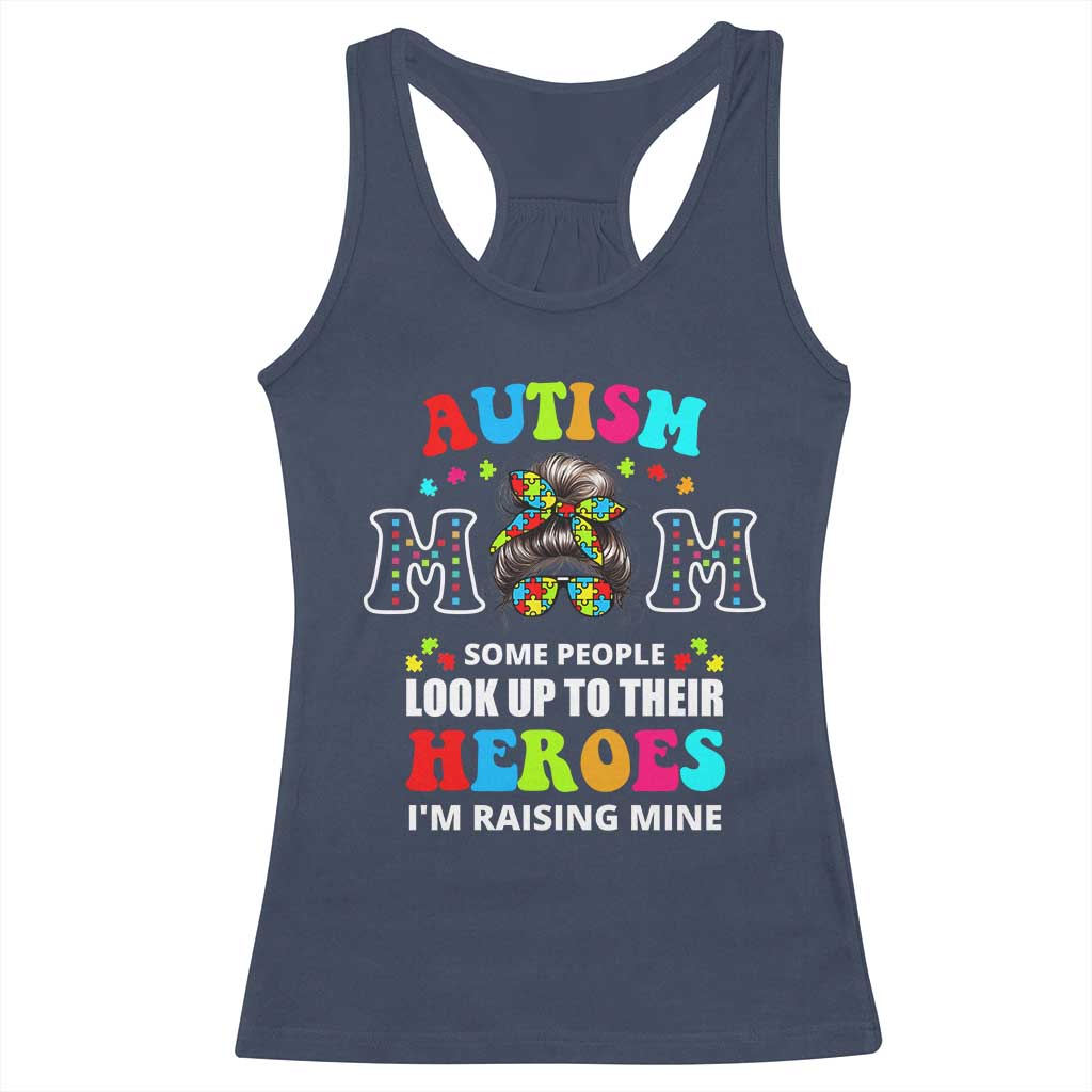 Autism Mom Racerback Tank Top Raising Hero Messy Bun Autism Awareness