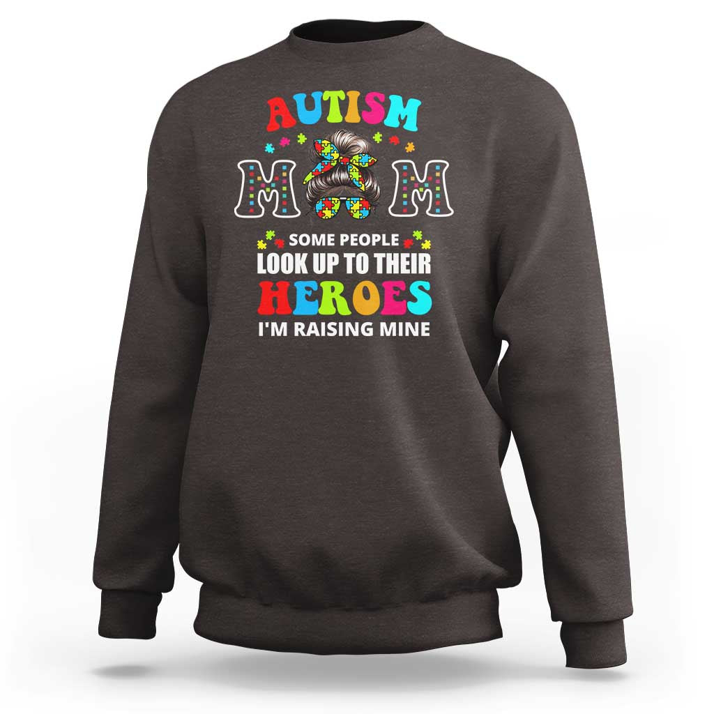 Autism Mom Sweatshirt Raising Hero Messy Bun Autism Awareness