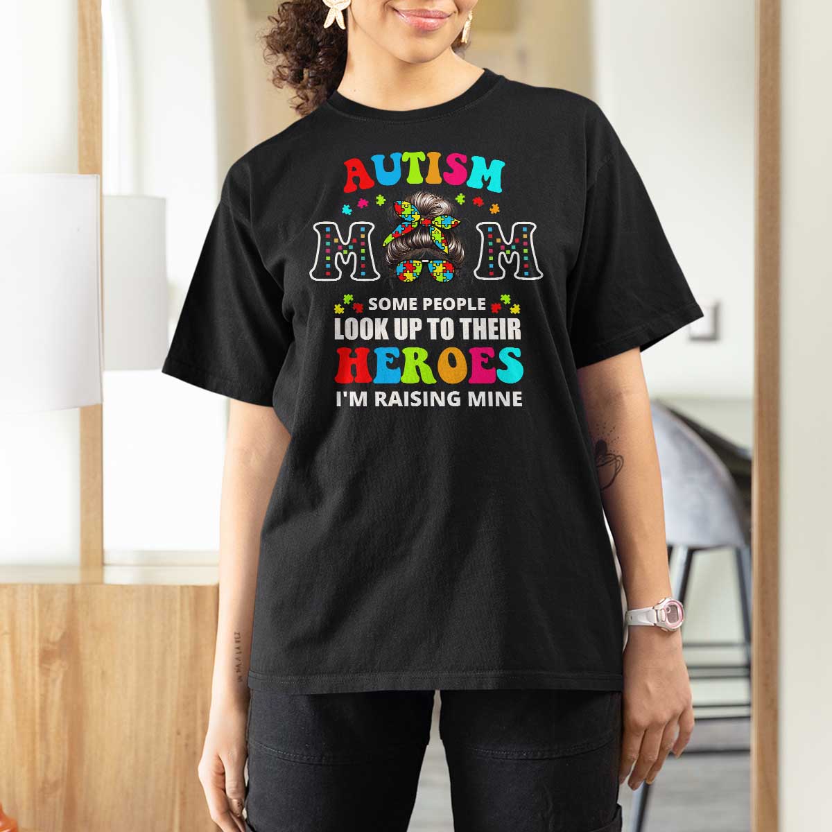 Autism Mom T Shirt For Women Raising Hero Messy Bun Autism Awareness