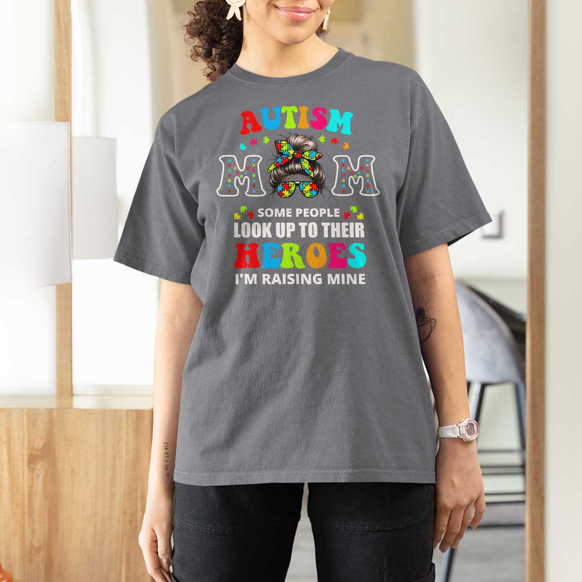 Autism Mom T Shirt For Women Raising Hero Messy Bun Autism Awareness