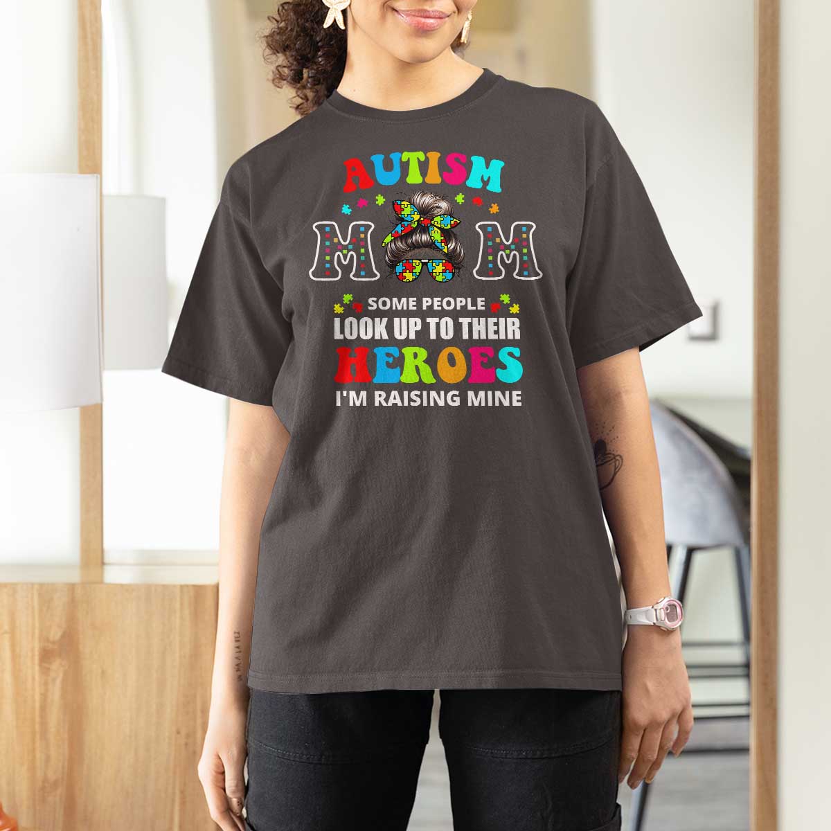 Autism Mom T Shirt For Women Raising Hero Messy Bun Autism Awareness