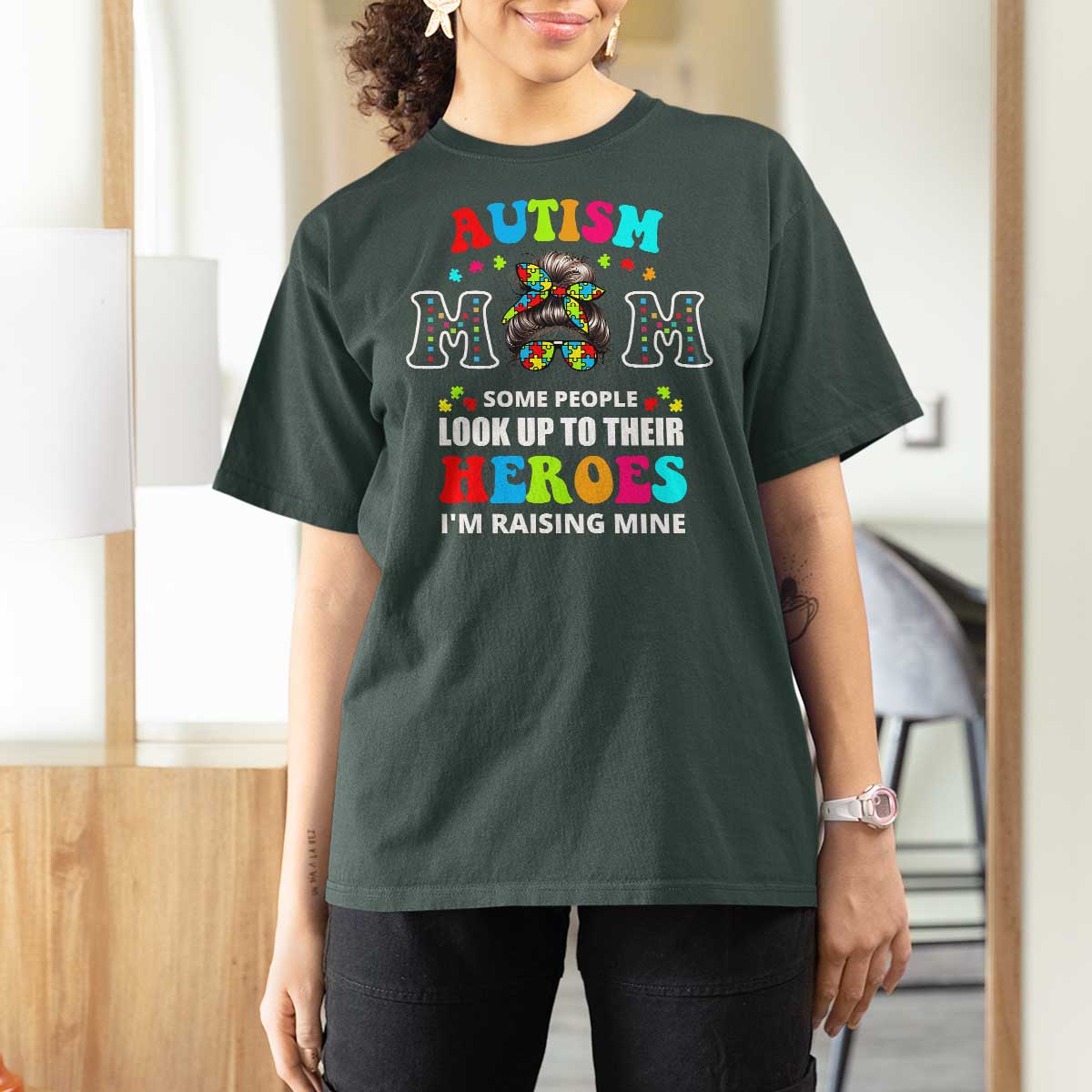 Autism Mom T Shirt For Women Raising Hero Messy Bun Autism Awareness