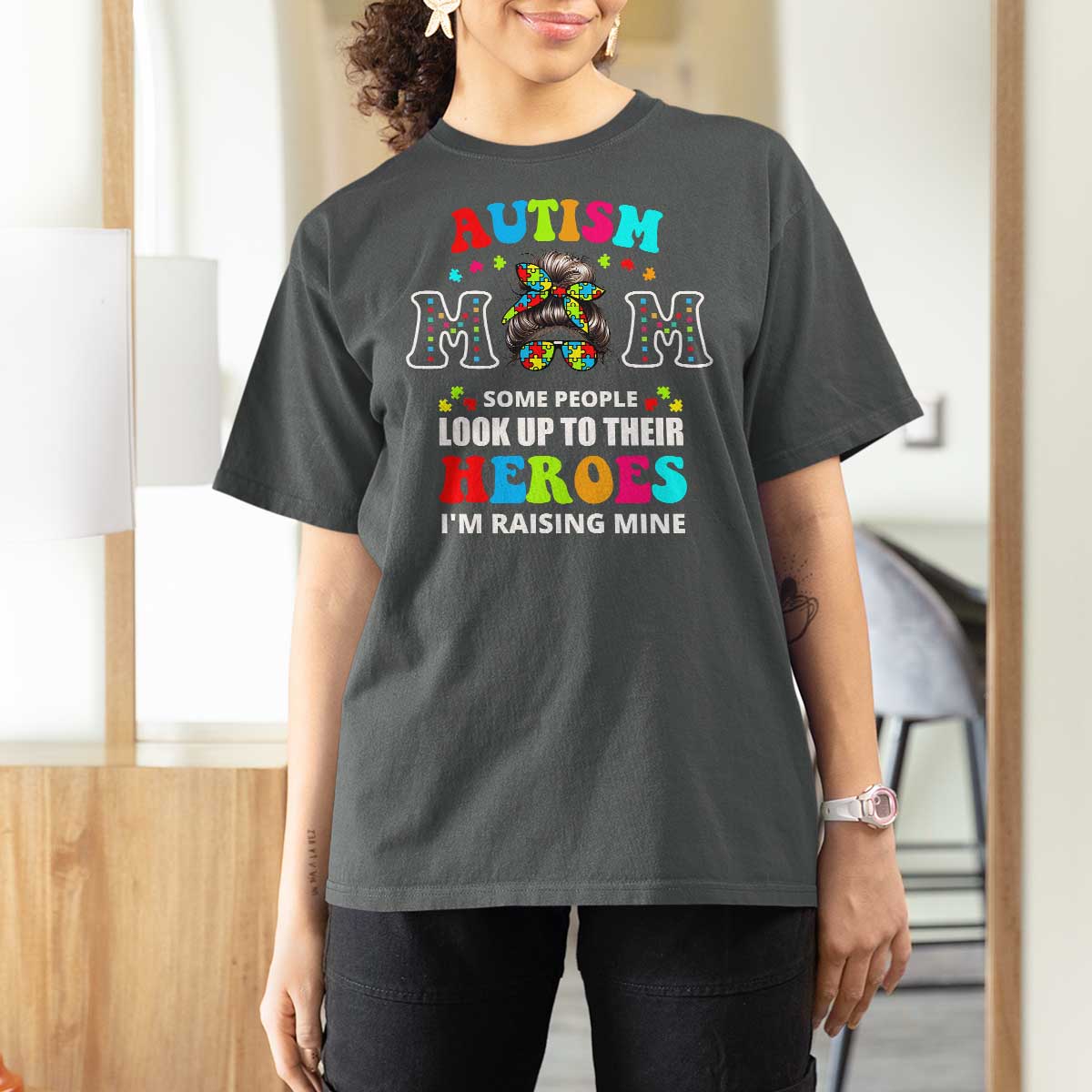 Autism Mom T Shirt For Women Raising Hero Messy Bun Autism Awareness