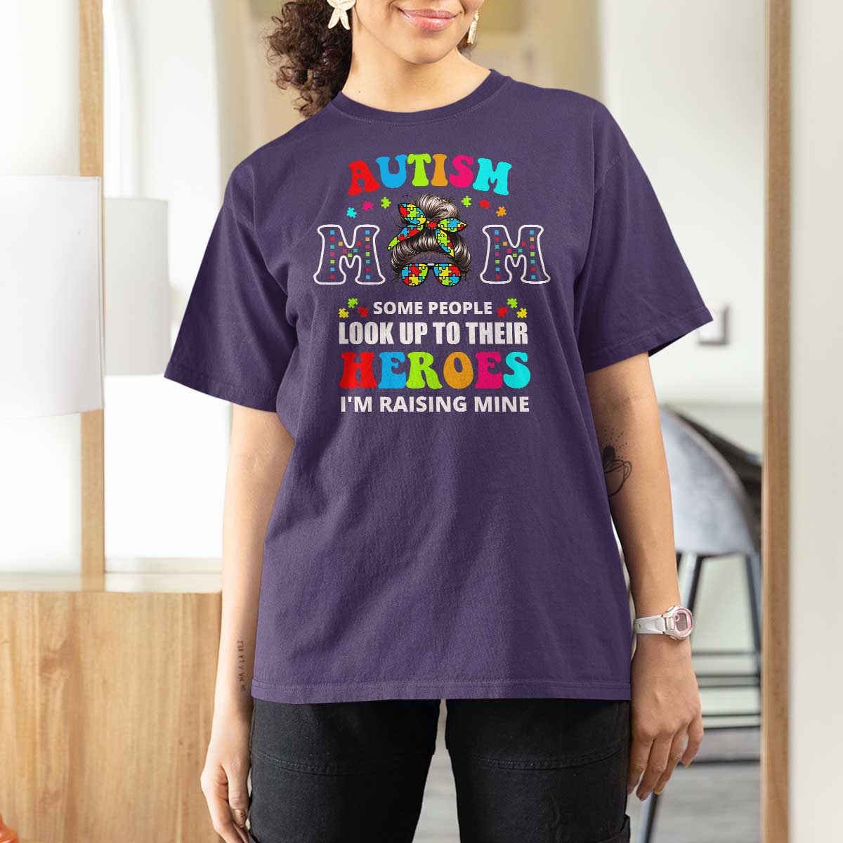 Autism Mom T Shirt For Women Raising Hero Messy Bun Autism Awareness