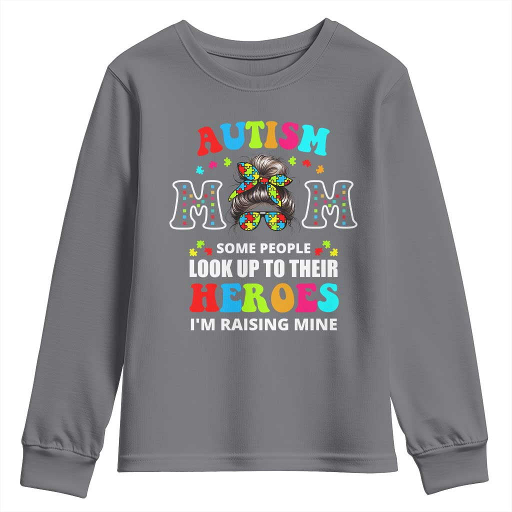 Autism Mom Youth Sweatshirt Raising Hero Messy Bun Autism Awareness