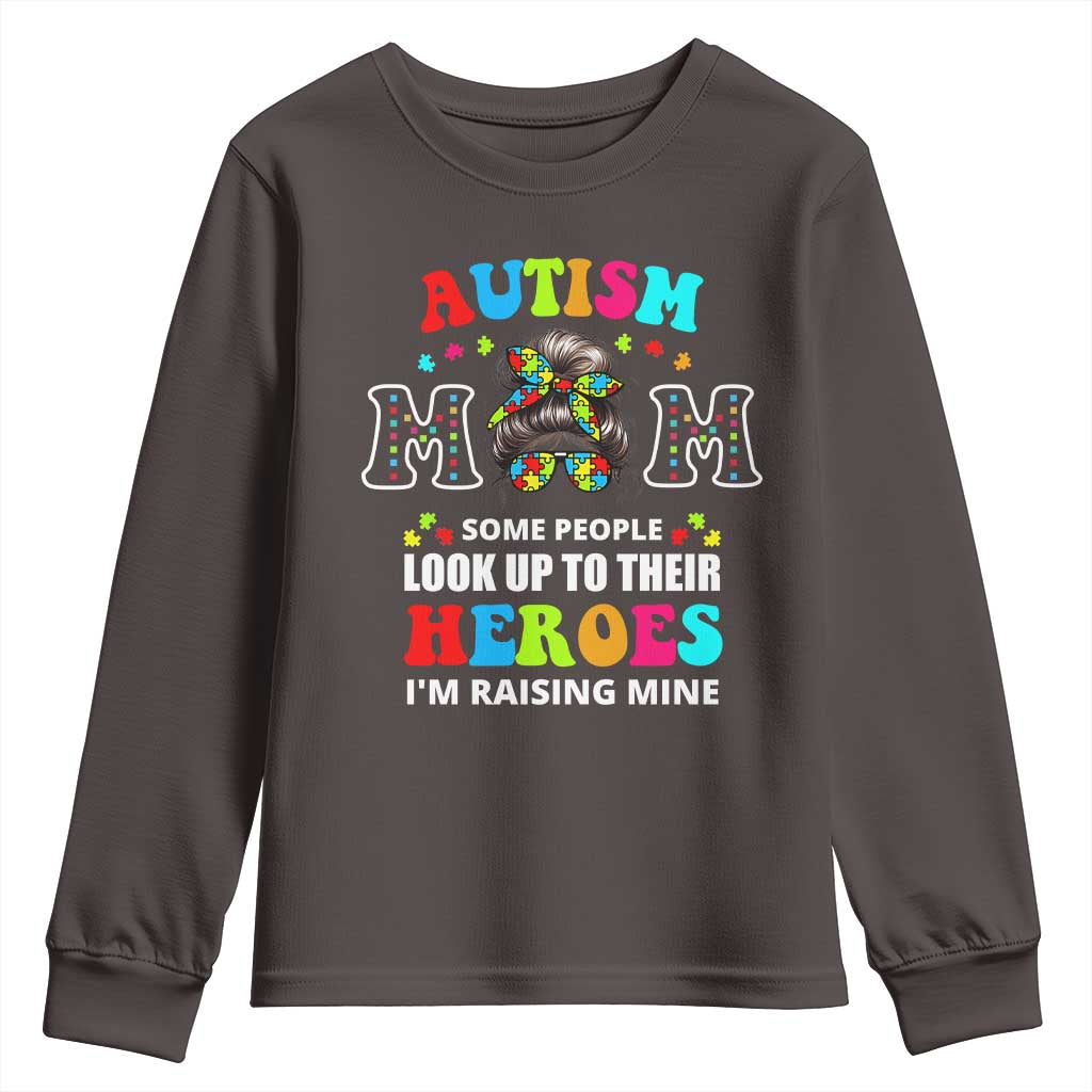 Autism Mom Youth Sweatshirt Raising Hero Messy Bun Autism Awareness