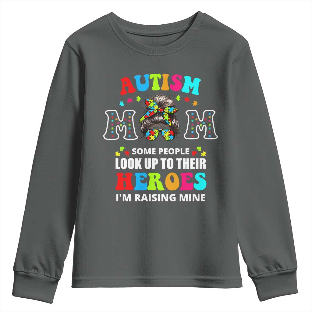 Autism Mom Youth Sweatshirt Raising Hero Messy Bun Autism Awareness