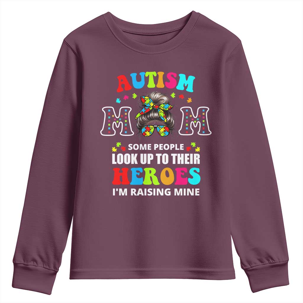Autism Mom Youth Sweatshirt Raising Hero Messy Bun Autism Awareness