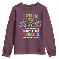 Autism Mom Youth Sweatshirt Raising Hero Messy Bun Autism Awareness