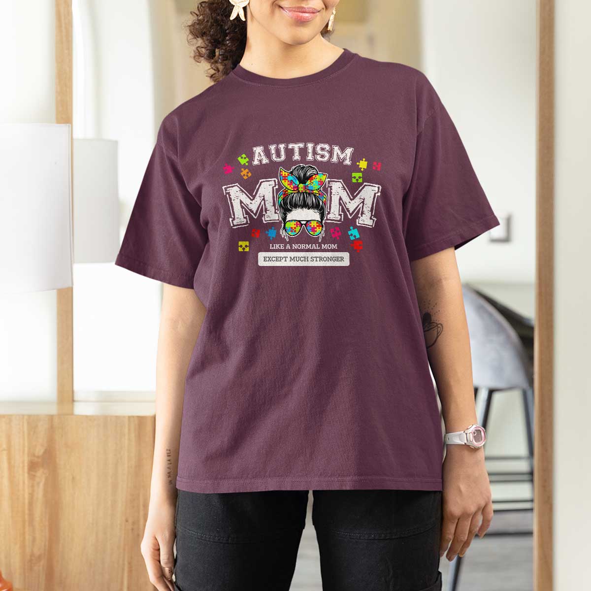 Autism Mom T Shirt For Women Much Stronger Messy Bun ASD Autism Awareness