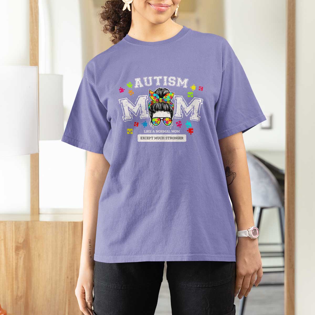 Autism Mom T Shirt For Women Much Stronger Messy Bun ASD Autism Awareness
