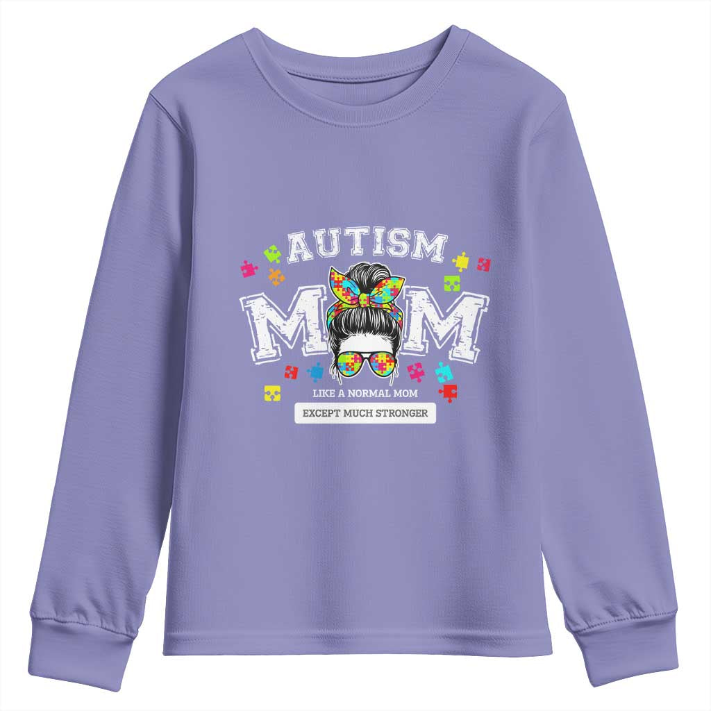 Autism Mom Youth Sweatshirt Much Stronger Messy Bun ASD Autism Awareness