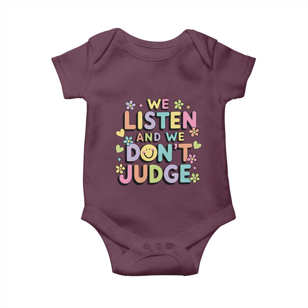 We Listen and We Don’t Judge Baby Onesie Funny Social Media Influencer