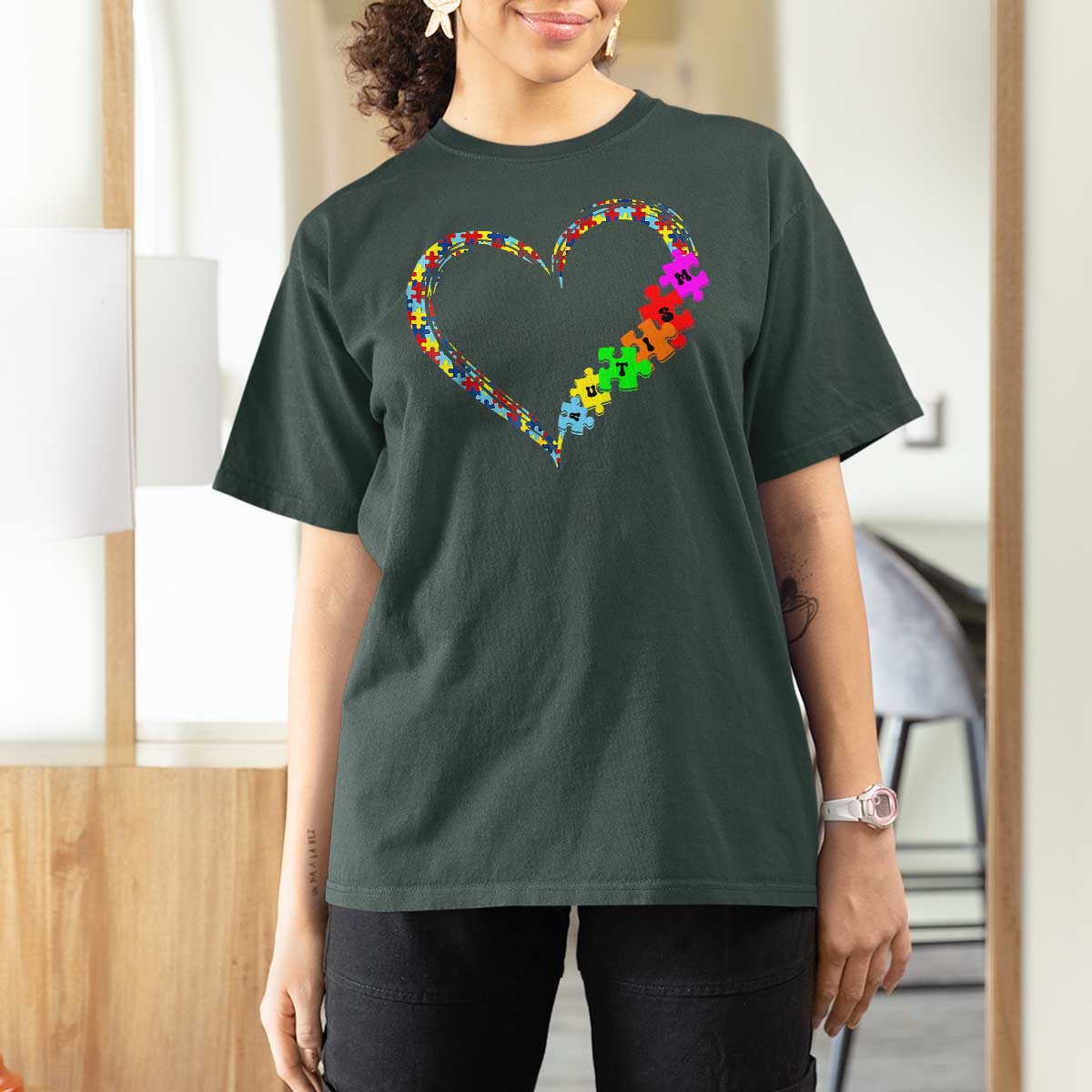 Autism Awareness Love Heart Puzzle Piece T Shirt For Women