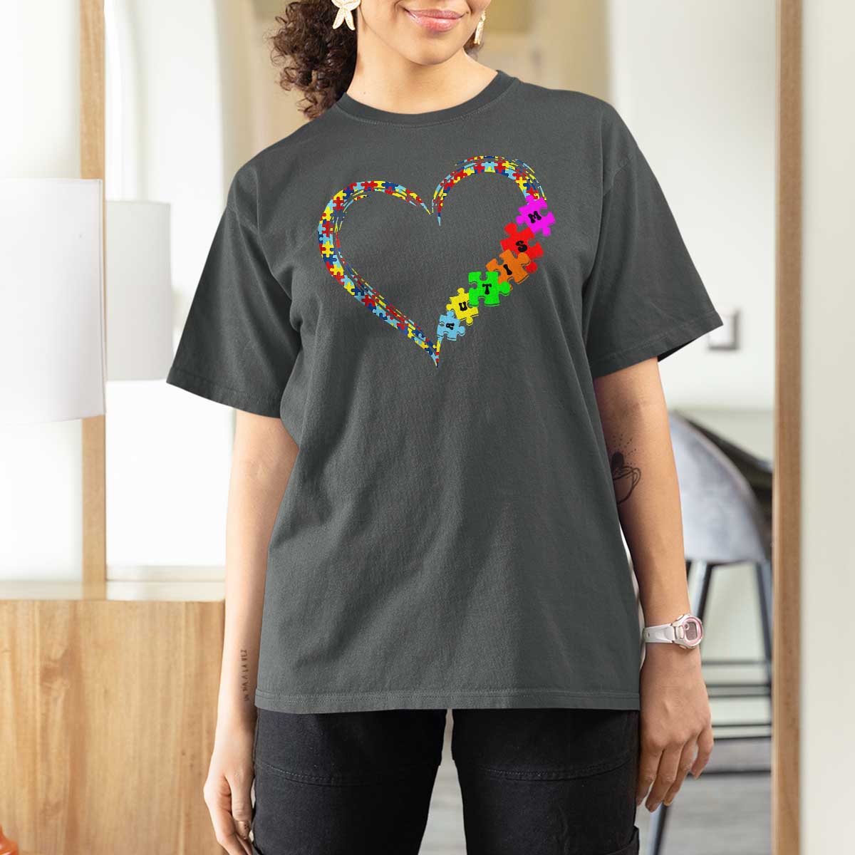 Autism Awareness Love Heart Puzzle Piece T Shirt For Women