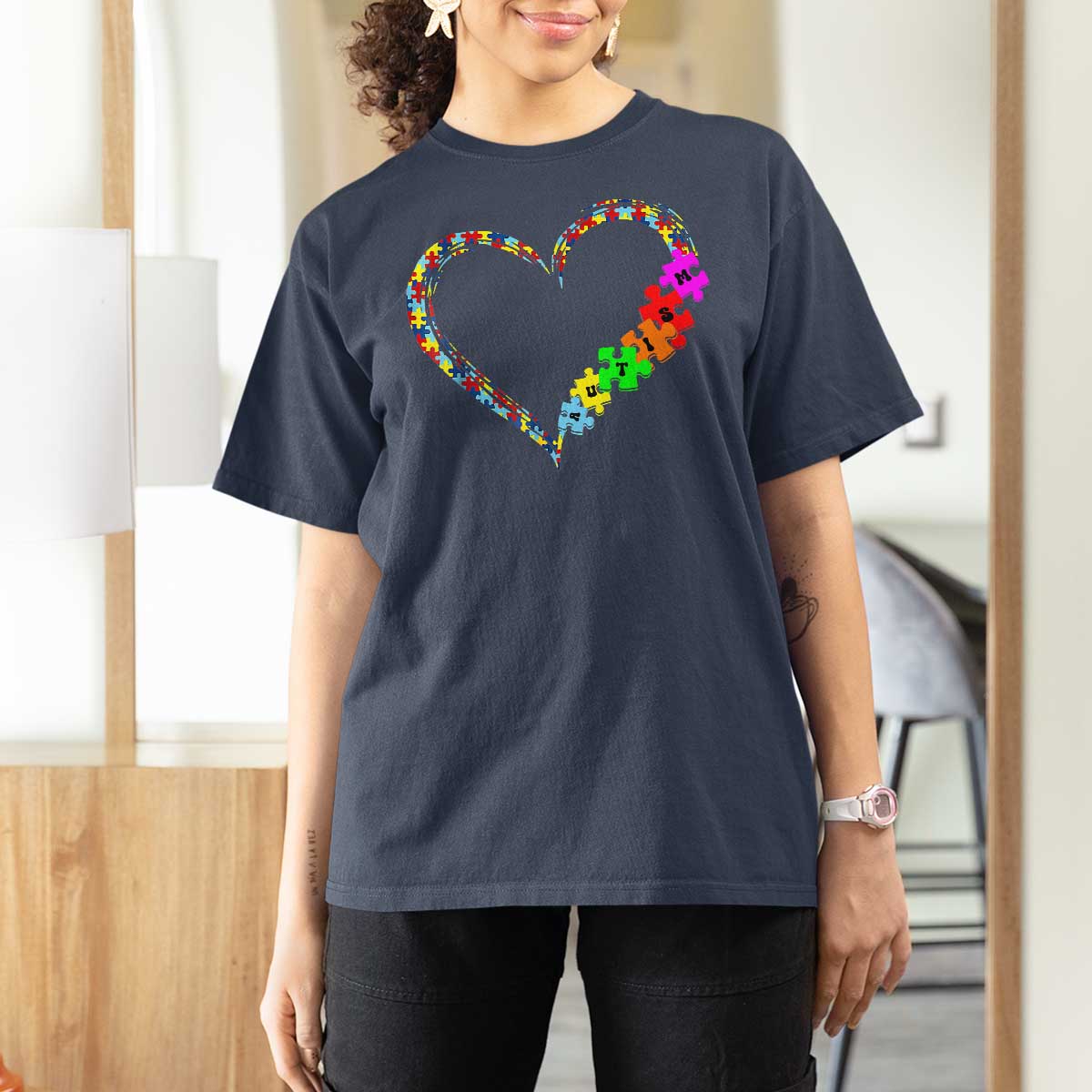Autism Awareness Love Heart Puzzle Piece T Shirt For Women