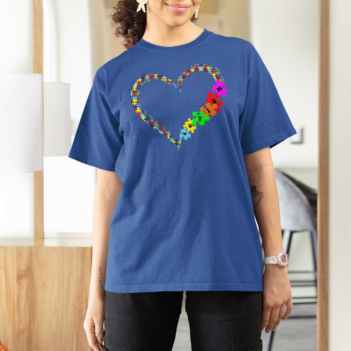 Autism Awareness Love Heart Puzzle Piece T Shirt For Women