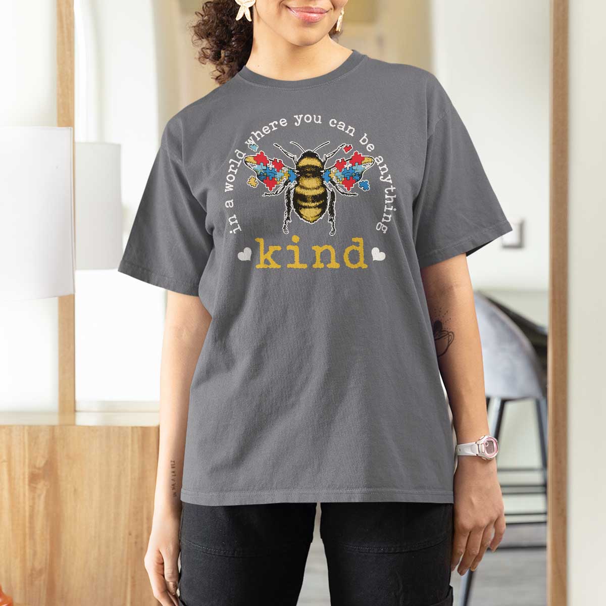Autism Awareness T Shirt For Women In A World Where You Can Be Anything Bee Kind Puzzle Pieces