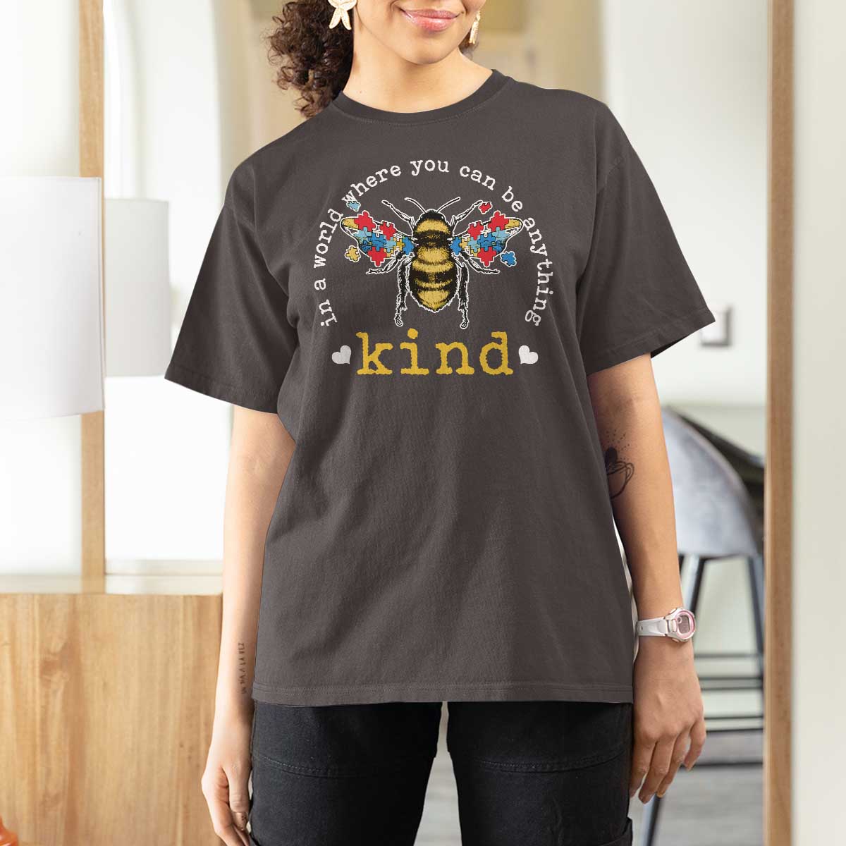 Autism Awareness T Shirt For Women In A World Where You Can Be Anything Bee Kind Puzzle Pieces